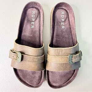 Roper Phoenician Brown Leather Western Buckle Slide Sandals Cork Footbed Size 10
